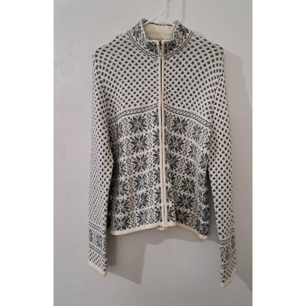 Charter club womens large soft wool full zip fairisle sweater gray snow flakes